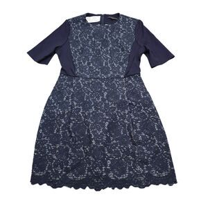 ISE Dress Womens M Blue Floral Lace Pleated Round Neck Short Sleeve Pencil Cut